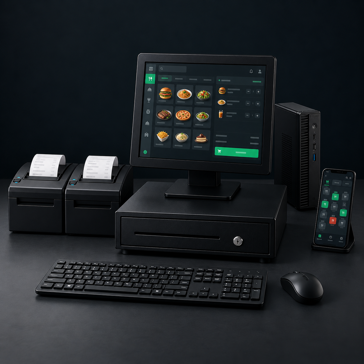 Kit Restaurante con pantalla táctil, computador, dos impresoras térmicas, gaveta, teclado y mouse